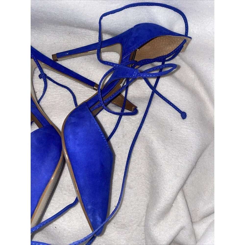Steve Madden lace up leg heels shoes Raela Blue Suede Leather Point Womens 9M